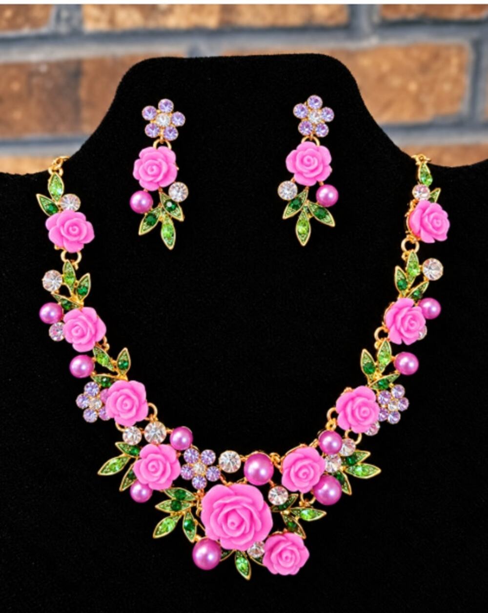Gold Tone Necklace with Purple Roses Leaves & Faux Pearls with Matching Earrings